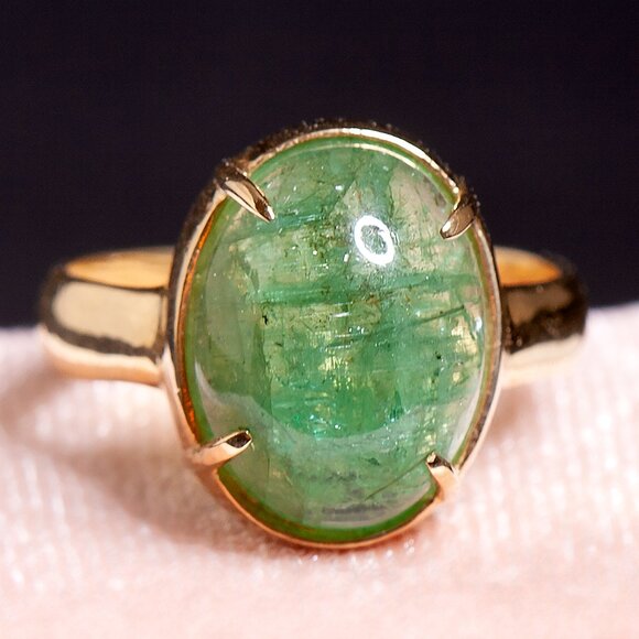 18K Gold Natural Green Emerald Cabochon Ring SZ 7.5 – Vintage Statement Gemstone - Picture 3 of 6